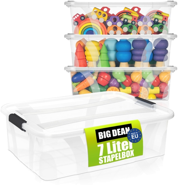 BigDean 3 Stück Aufbewahrungsbox mit Deckel 7 L flach und Transparent – Aufbewahrungsbox stapelbar & Made in Europe