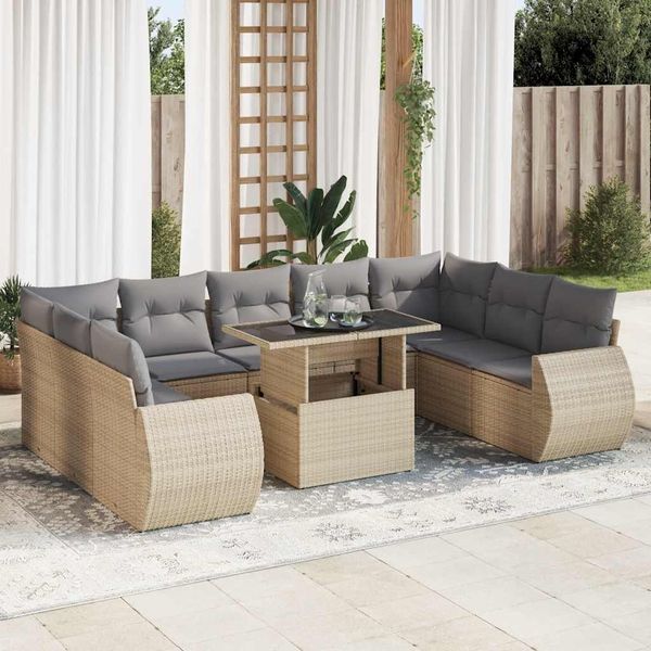vidaXL 10-tlg. Garten-Sofagarnitur mit Kissen Beige Poly Rattan 3326700