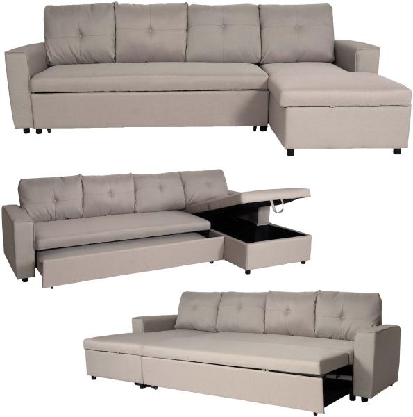 Ecksofa mit Bettkasten HWC-L16, Couch Sofa L-Form, Liegefläche links/rechts Nosagfederung Stoff/Textil 290cm ~ beige