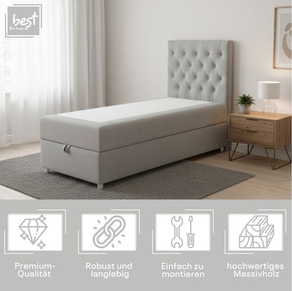 Best for Home Boxspringbett Boxspringbett mit Bettkasten K-14 SINGLE inkl. Bonell-Matratze (Einzelbett, Polsterbett gepolstertes Kopfteil, Jugendbett, Kinderbett, 70x200 80x200 90x200 100x200 cm), Handwerksqualität, TOP Preis-Leistungs-Verhältnis