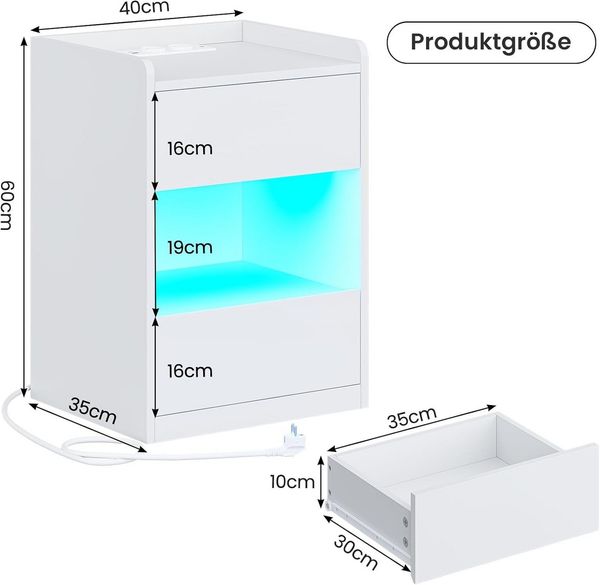 MSMASK Nachttisch mit LED-Beleuchtung und Ladestation, 40x35x60cm (1-St), Nachtschrank mit viel Stauraum