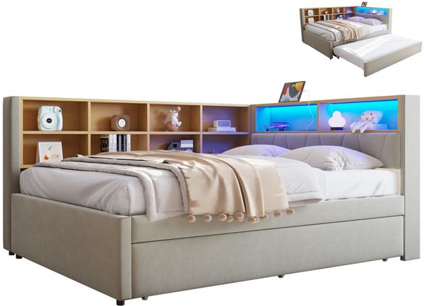SeedWave Daybett Polsterbett Flannel mit LED-Beleuchtung, USB Anschluss, 90/140×200 CM, Tagesbett mit Ausziehbett von 90 x 190 cm Bild 5