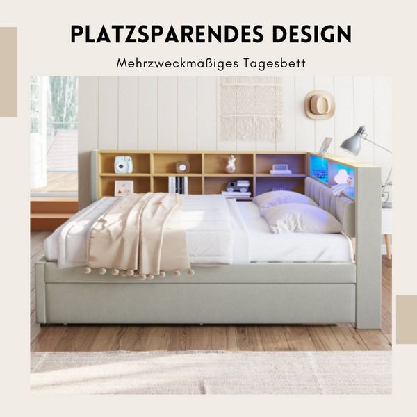 SeedWave Daybett Polsterbett Flannel mit LED-Beleuchtung, USB Anschluss, 90/140×200 CM, Tagesbett mit Ausziehbett von 90 x 190 cm