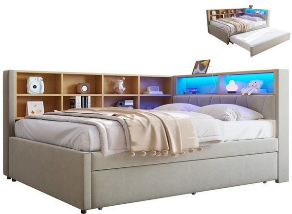 SeedWave Daybett Polsterbett Flannel mit LED-Beleuchtung, USB Anschluss, 90/140×200 CM, Tagesbett mit Ausziehbett von 90 x 190 cm Bild 4