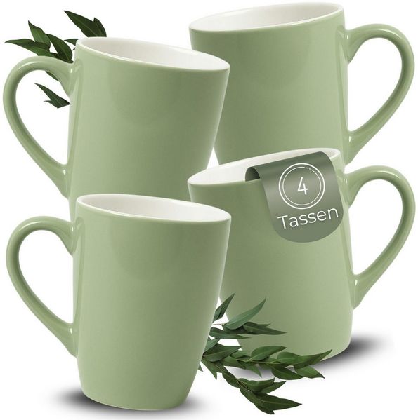 matches21 HOME & HOBBY Tasse Kaffeetassen 4er Set aus Keramik 340ml, Teetassen in Salbeigrün, 4-tlg, Keramik, Moderne Kaffeebecher Spülmaschinenfest & Mikrowellengeeignet