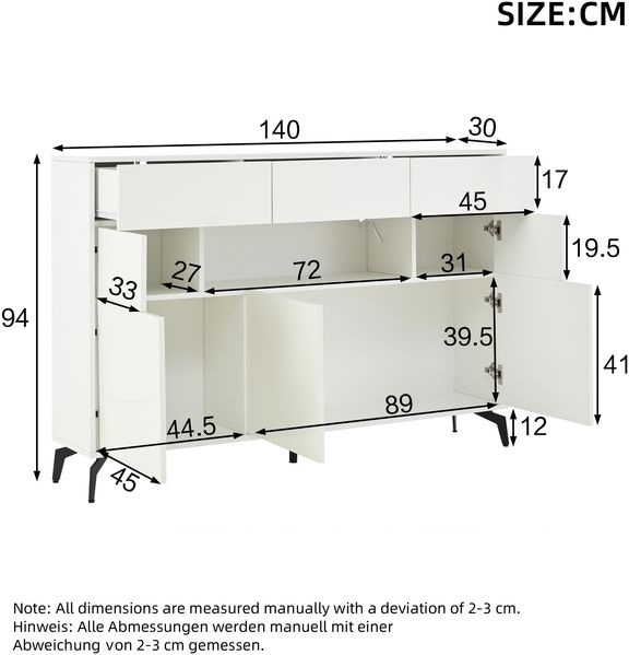 Sideboard 140 x 30 x 94 cm aus MDF in Weiß, Hochglanzfront mit LED-Lichtleiste & 3 Schubladen Bild 5