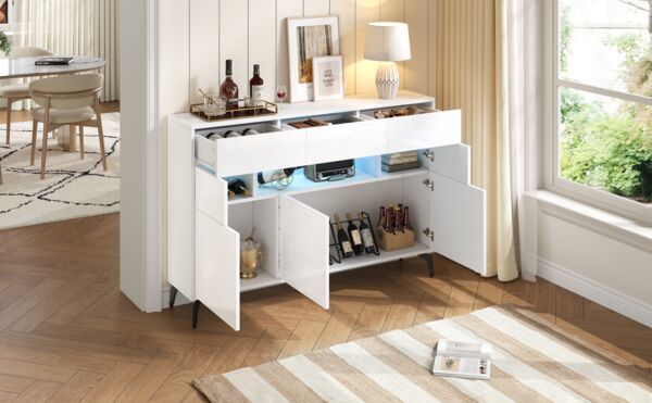 Sideboard 140 x 30 x 94 cm aus MDF in Weiß, Hochglanzfront mit LED-Lichtleiste & 3 Schubladen