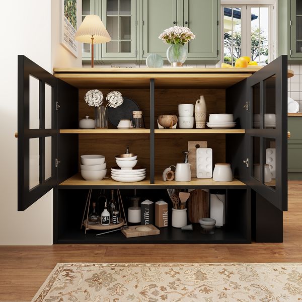 Stehtisch aus MDF, drehbar & ausziehbar, mit Glasfächern und 5 Ablagen, 138-204 x 39 x 102,5 cm, schwarz