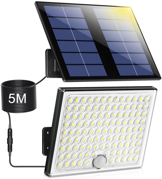 Realky Solarlampen für Außen,Solarleuchte mit Bewegungsmelder,113 LED Solar Strahler IP65 Wasserdichte Solar-Split Wandleuchte mit 5m Kabel für Garage, Garten, Hof, Stufen, Haustüren, Rasen - 1 Stück