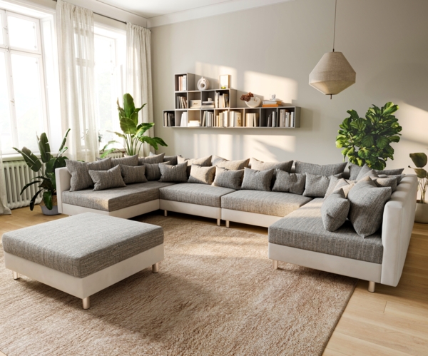 Wohnlandschaft Clovis XL Weiss Hellgrau Modulsofa Hocker