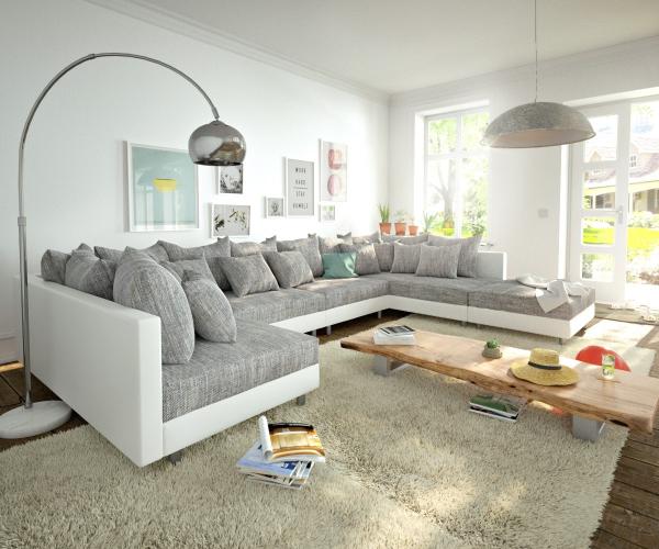 Wohnlandschaft Clovis XL Weiss Hellgrau Modulsofa Hocker