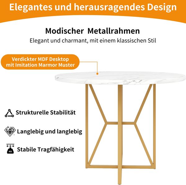 Runder Esstisch 80x80 cm mit MDF-Tischplatte in Marmordekor, stabilem Metallgestell, moderner Küchentisch, 76cmx80cmx80cm, Weiß+Gold