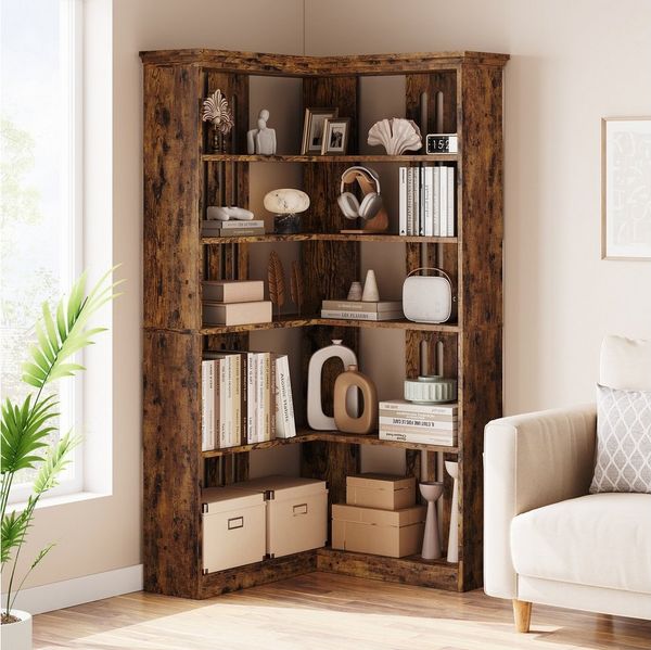 GarveeMore Bücherregal fünfstöckiges Eckregal mit Rückwand, Standregal im Retro-Stil für Bücher und Deko, Braun