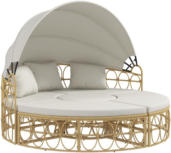 Muschel Gartenmöbel-Set Zweisitzer mit klappbarem Verdeck & Couchtisch in Creme, ideal für Garten & Terrasse