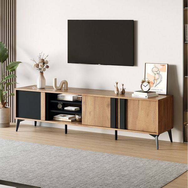 BlingBin TV-Schrank Lowboard mit Schubladen und Türen, Fernsehschrank für Wohnzimmer (TV-Schrank mit 3 Tür und 3 Offenem Fach, TV-Board Für Fernseher bis 80 Zoll, 1-St, Gesamtgröße: 180*40*50 cm, Gewichtskapazität: 50kg) Lowboard für Wohnzimmer, Spanpl...