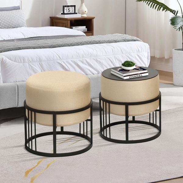 Multifunktionaler stapelbarer Sitzhocker Tas 2er Set rund Beige [en. casa]