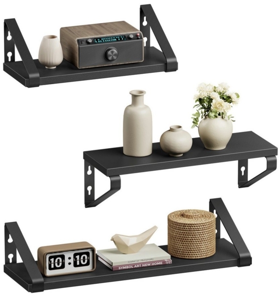 VASAGLE Wandregal, Schweberegal, 3er Set, Regalbrett, 2 Montagemöglichkeiten, Regal zur Präsentation, für Wohnzimmer, Küche, Arbeitszimmer, Badezimmer, tintenschwarz-mattschwarz LWSDE033B10