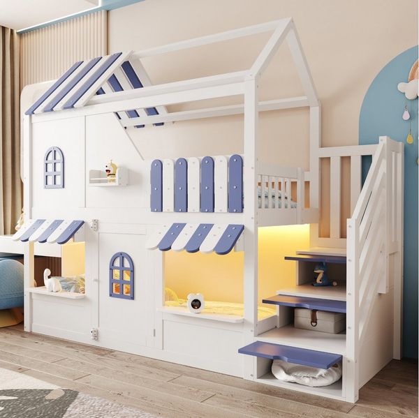 Odikalo Etagenbett Kinderbett Hochbett 90x200 mit LED Hausförmiges, Rundum-Absturzschutz (Hausförmiges Design Mit Fenstern, Dach, Dachüberstand, Geländer und Tür, Mit Stauraumleiter, LED-Beleuchtung und Regalen, Hochbett)