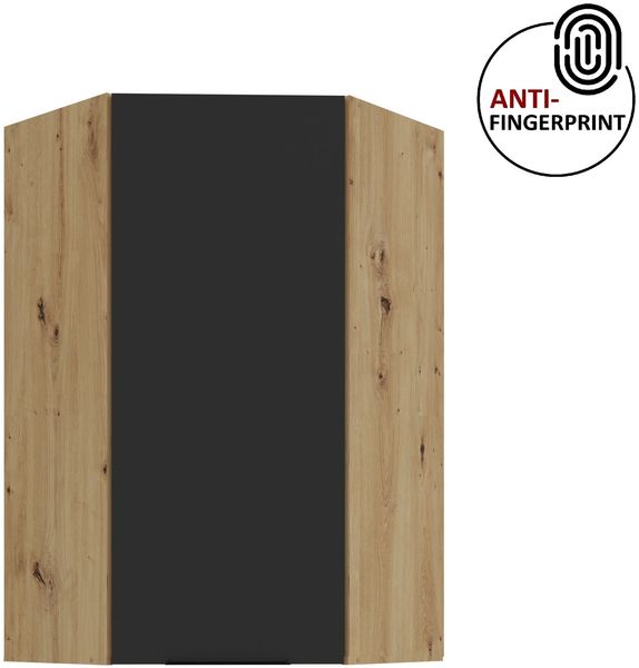 Küchen Eckhängeschrank 60x60 cm - Höhe 90 cm Küche ARIA Schwarz ultra matt + Eiche Artisan matt, hochwertige Fronten mit Anti Fingerprint Beschichtung Küchenzeile Küchenblock