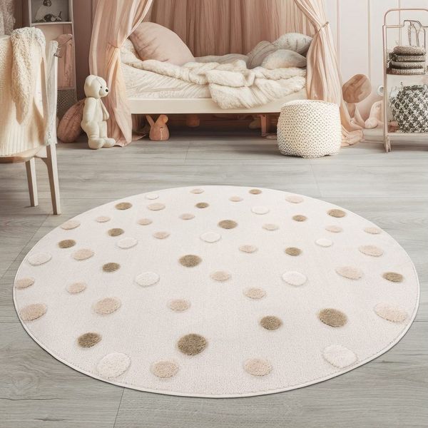 TT Home Teppich Kinderzimmer, Rund, Höhe: 21 mm, Runder Kinderteppich 120/160 cm, Cremefarbener Spielteppich mit Punktd