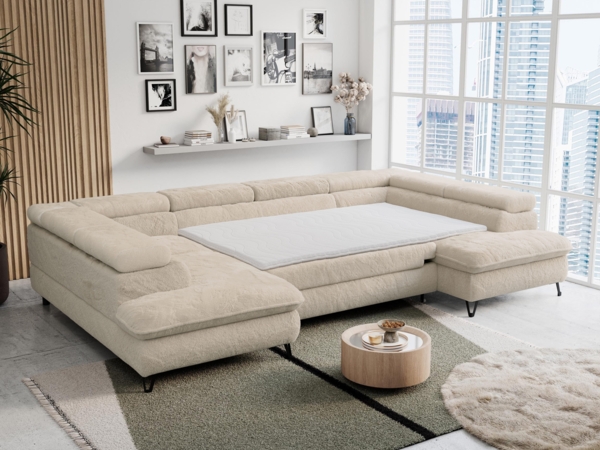 Ecksofa U-Form, mit Bettkasten, Bettfunktion und Einstellbare Kopfstützen, Sofa big XXL - PETER U - Creme Plüsch - Topper T25 Bild 5