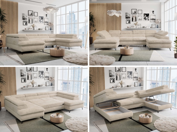 Ecksofa U-Form, mit Bettkasten, Bettfunktion und Einstellbare Kopfstützen, Sofa big XXL - PETER U - Creme Plüsch - Topper T25 Bild 2