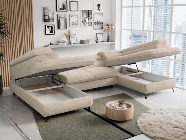 Ecksofa U-Form, mit Bettkasten, Bettfunktion und Einstellbare Kopfstützen, Sofa big XXL - PETER U - Creme Plüsch - Topper T25 Bild 3