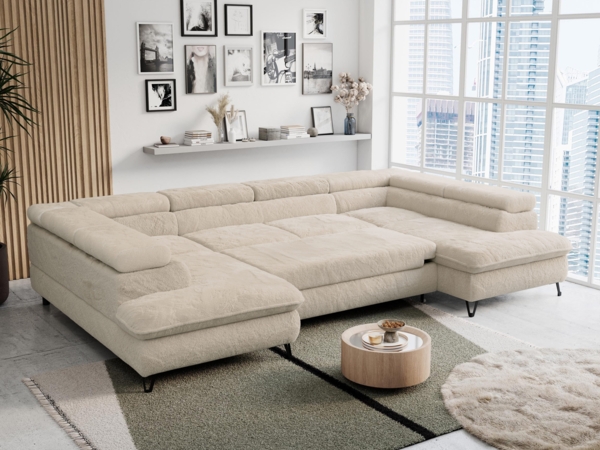 Ecksofa U-Form, mit Bettkasten, Bettfunktion und Einstellbare Kopfstützen, Sofa big XXL - PETER U - Creme Plüsch - Topper T25 Bild 4