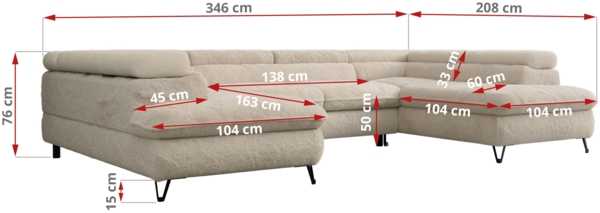 Ecksofa U-Form, mit Bettkasten, Bettfunktion und Einstellbare Kopfstützen, Sofa big XXL - PETER U - Creme Plüsch - Topper T25 Bild 8