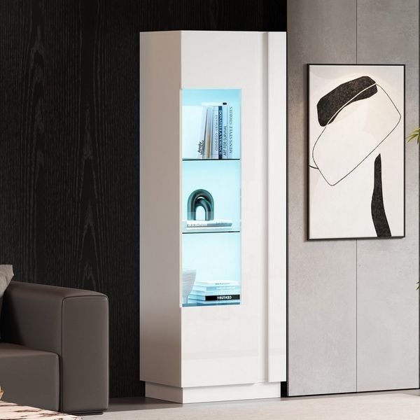 OKWISH Vitrine 60*40*180cm (Highboard, Sofaschrank, 1-St, Schranktür aus Acryl + 3 Glasboden) Hochglanz Lagerschrank mit LED-Beleuchtung