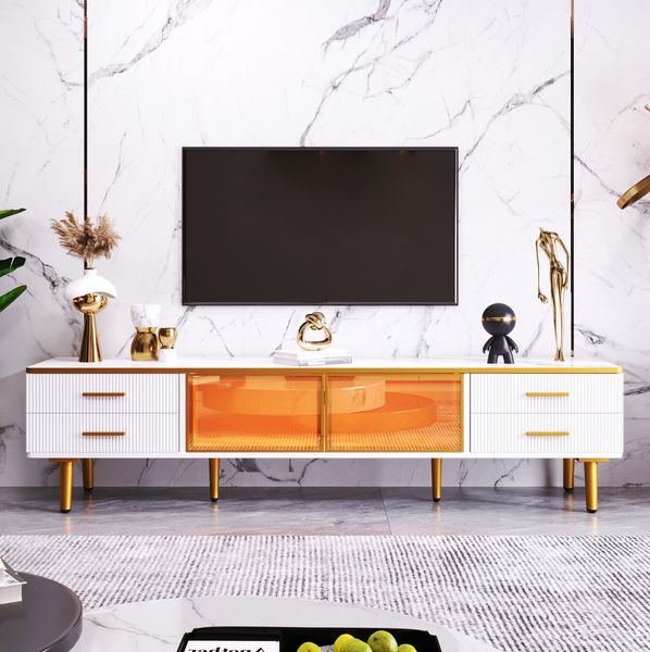 TV-Schrank 170x37x47,5 cm in Marmoroptik mit 4 Schubladen und braunen Glastüren
