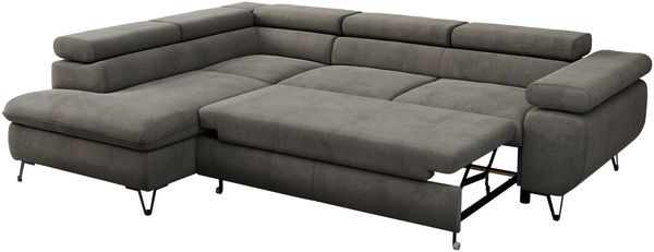 Mks Möbel 'Peter L-form' Ecksofa mit Bettfunktion, Bettkasten & einstellbaren Kopfstützen, Dunkelgrau, Velours, links Bild 6