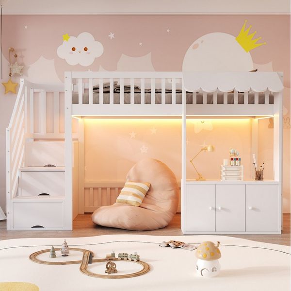STILVORA Hochbett 90×200 Kinderbett mit Matratze Stauraumschrank und Stauraumtreppe weiß (Traufendesign mit Fächern Dachvorsprung Stauraum unter dem Bett, mit mehrfarbiger LED-Lichtleiste) 90×200cm