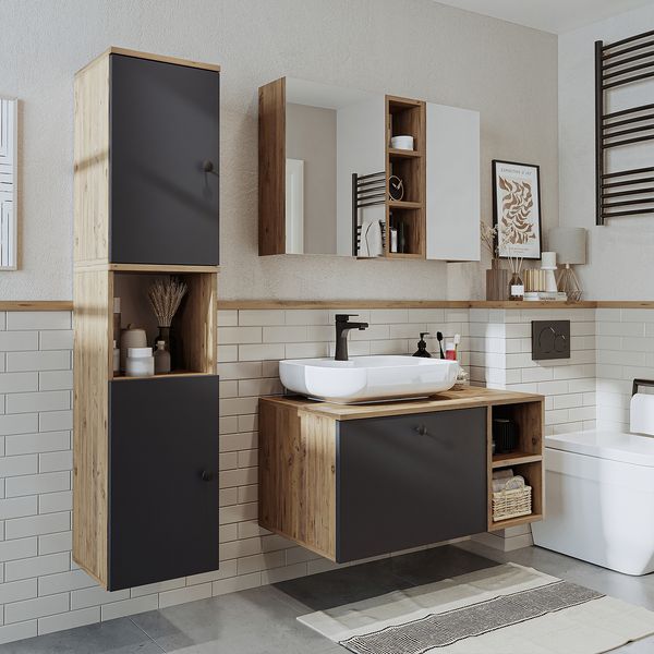 Roomart LOTUS-I-95 Badmöbel Set– 4-teiliges Badezimmermöbel Set - Waschbeckenunterschrank mit Keramikwaschbecken, Spiegelschrank & Hochschrank - H 45 x B 45 x T 95 cm • Anthrazit-Eiche