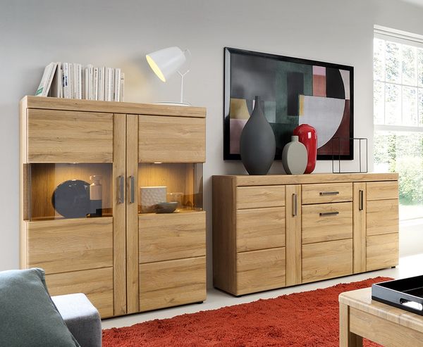 Wohnmöbel Set Highboard & Sideboard mit Beleuchtung in Grandson Eiche Nb. CARIATI-129, B/H/T ca. 273/133/41 cm