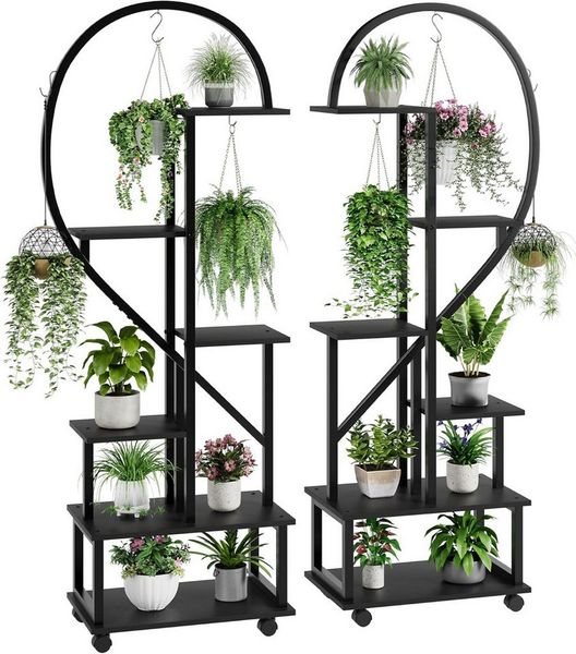 GarveeMore Pflanzentreppe 6 Etagen (2Stück) mit Rädern und 6Haken,Half Heart Shape Blumenständer, Höhenverstellbarer Pflanzenständer für Garten,Wohnzimmer,Terrasse