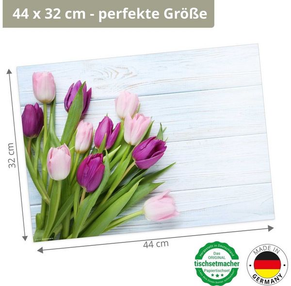 Tischsetmacher Platzset Tischset Frühling, Ostern & Blumen - Lila Tulpen, (aus Naturpapier in Aufbewahrungsmappe für tolles Ambiente, 12-St, 44 x 32 cm / lila-blau), Tischdeko Made in Germany