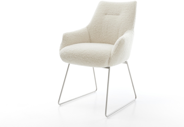 Esszimmerstuhl Alja-Flex mit Armlehnen Teddystoff Beige Kufengestell Edelstahl Taschenfederkern