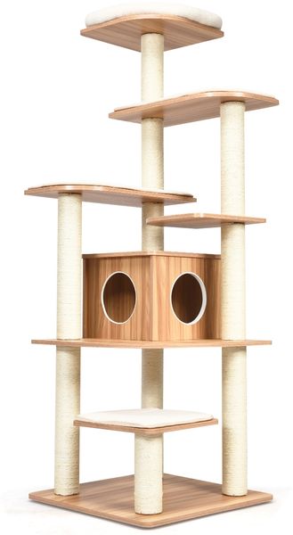 175cm Katzenbaum 6-stufiger Katzenkratzbaum Holz Kratzbaum Spielhaus mit Höhle und 5 Matten
