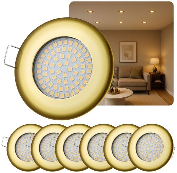 Sweet LED LED Einbaustrahler 6er Set LED Einbauspots Flach rund 5 W gold 230V dimmbar, LED fest integriert, 3000K, warmweiß, Deckenspots, Deckenstrahler, Einbauleuchten