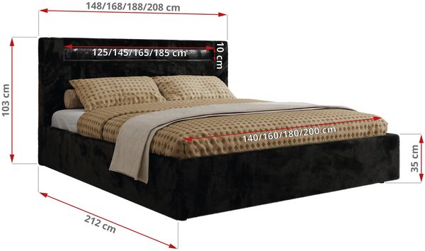 Polsterbett GOLD 5 CLASSIC 160 x 200 cm mit LED-Beleuchtung & Bettkasten, Doppelbett inkl. Lattenrost, Metall-Lift-System & Stauraum, Foam Matratze - Schwarz Plüsch - MIRO LUX Bild 4
