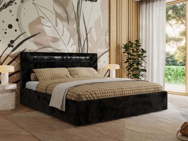 Polsterbett GOLD 5 CLASSIC 160 x 200 cm mit LED-Beleuchtung & Bettkasten, Doppelbett inkl. Lattenrost, Metall-Lift-System & Stauraum, Foam Matratze - Schwarz Plüsch - MIRO LUX