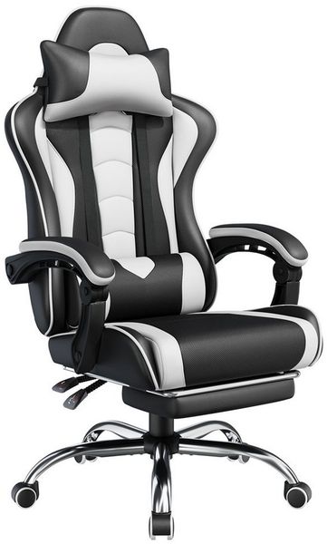 Yaheetech Gaming Stuhl Ergonomischer Gamer Stuhl mit Massagefunktion Computerstuhl mit Fußstütze Bürostuhl 90-135° Rückenlehne verstellbar Gaming Sessel PC Stuhl Weiß