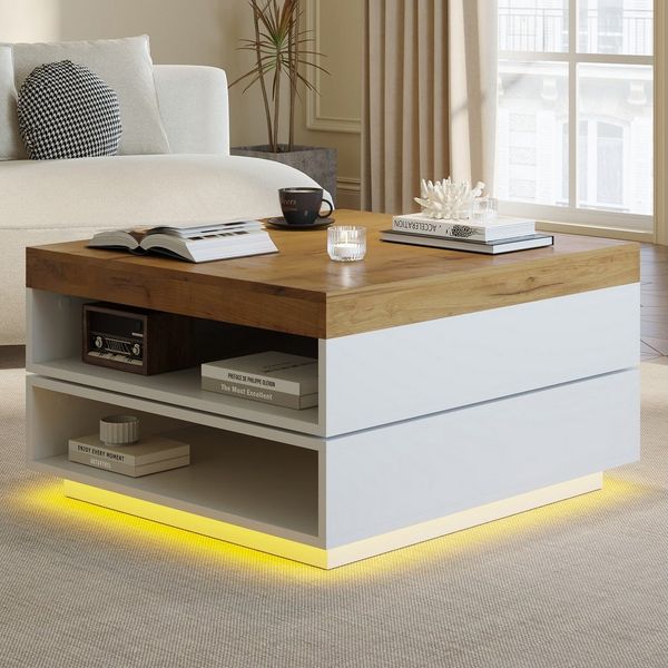 Merax Couchtisch mit LED-Beleuchtung, Kaffeetish quadratische Sofatisch Beistelltisch (1-St), Wohnzimmertisch mit 360°Drehfunktion & großzügigem Stauraum,65x65x40cm
