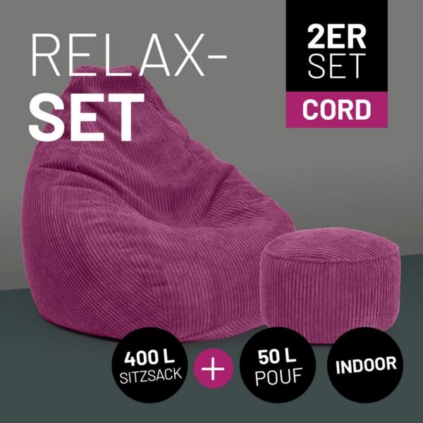 Lumaland Relax Set Cord – Sitzsack Giant + Pouf | Besser als Sofa, Sessel & Co. | XXL Bean Bag + Sitzpouf Hocker mit Füllung (EPS Perlen) für Indoor | Bodensofa für Wohnzimmer, Schlafzimmer & Gaming
