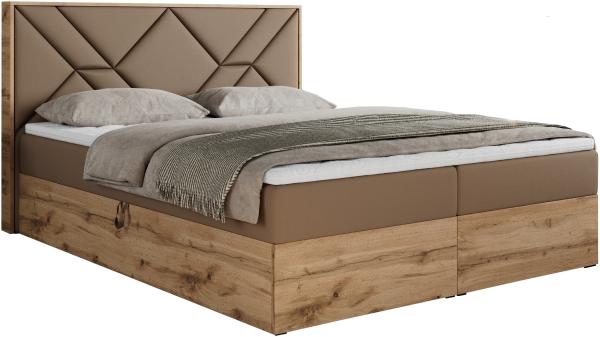 Boxspringbett mit Kopfteil und Topper, Polsterbett - GUNAR - 160 x 200 cm - Braun Kunstleder - H4 - Topper Visco