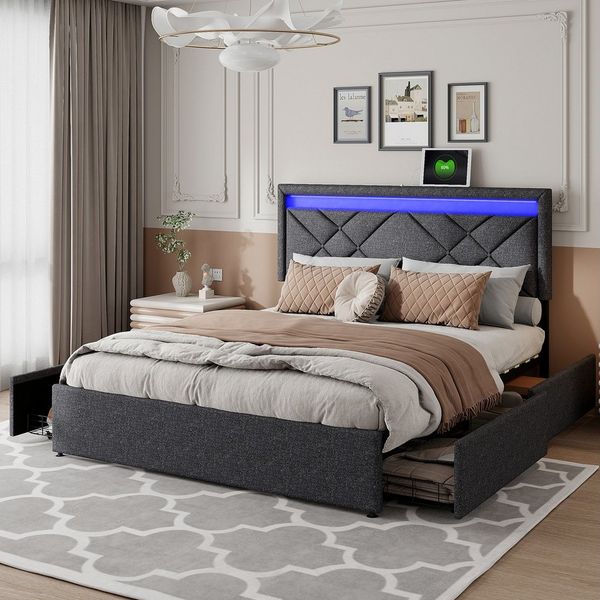 PXloue Polsterbett Doppelbett, mit USB- und Typ-C-Ladeanschlüsse, 4 Schubladen, 160x200 cm