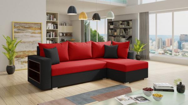 Ecksofa Lord mit praktischen Regal - Sofa mit Bettkasten und Schlaffunktion, Schlafsofa, Polsterecke, Couch L-Form, Couchgarnitur, Sofagarnitur (Schwarz + Rot (Alova 04 + 46), Ecksofa Rechts)