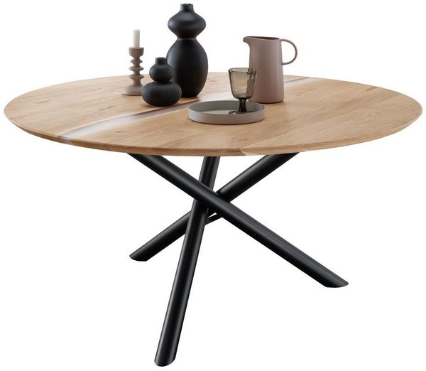 Woodroo, Esstisch Gizeh rund 120 cm Wildeiche massiv geölt – 3-Bein Metallgestell schwarz – moderner Holztisch für Esszimmer und Küche