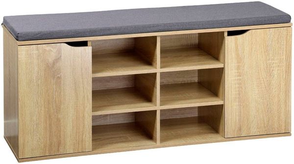 Schuhschrank, 2 Türen, mit Sitzkissen - Eiche / Grau